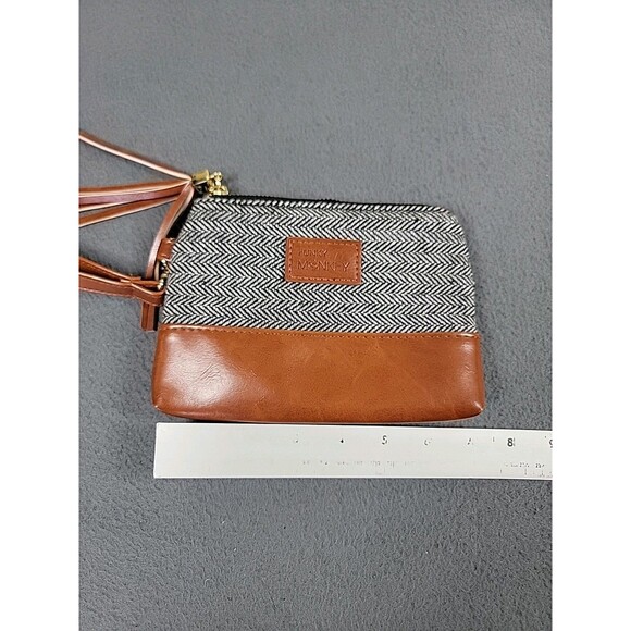 Funky Monkey Wristlet  Zippered Pouch Gray Herringbone Brown Tassel City Lined - Picture 3 of 10